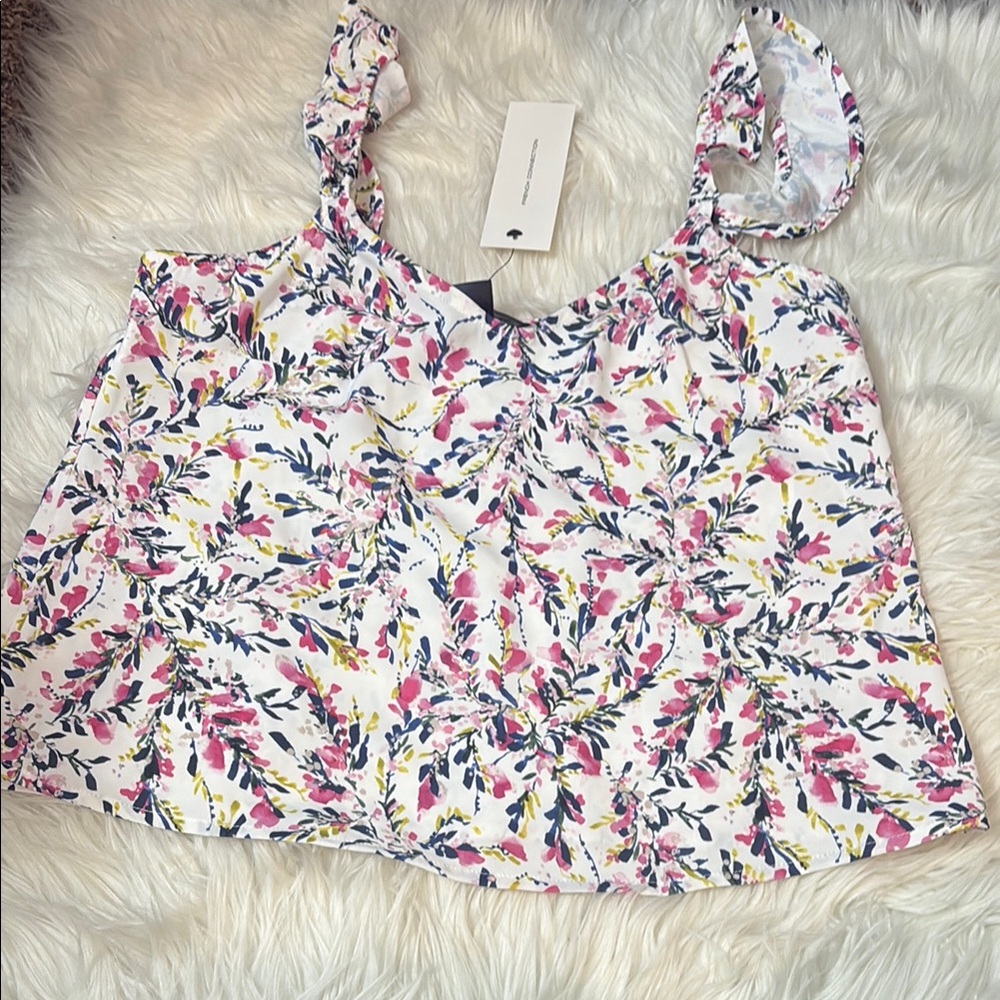 NWT French Connection White Floral Ruffle Shoulder Cropped Tank XS